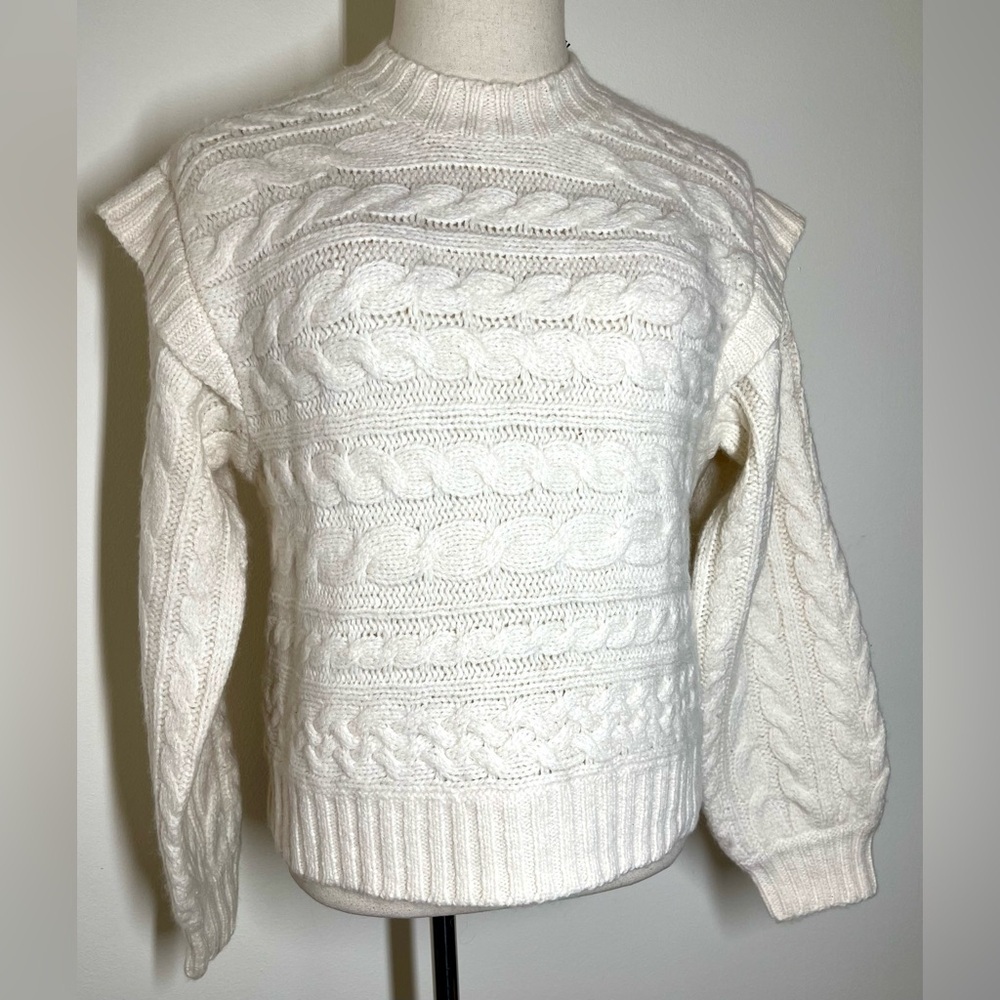 Unsubscribed | Wool & Alpaca Cable Knit Sweater | Mock Neck | Sleeve Ruffles | L